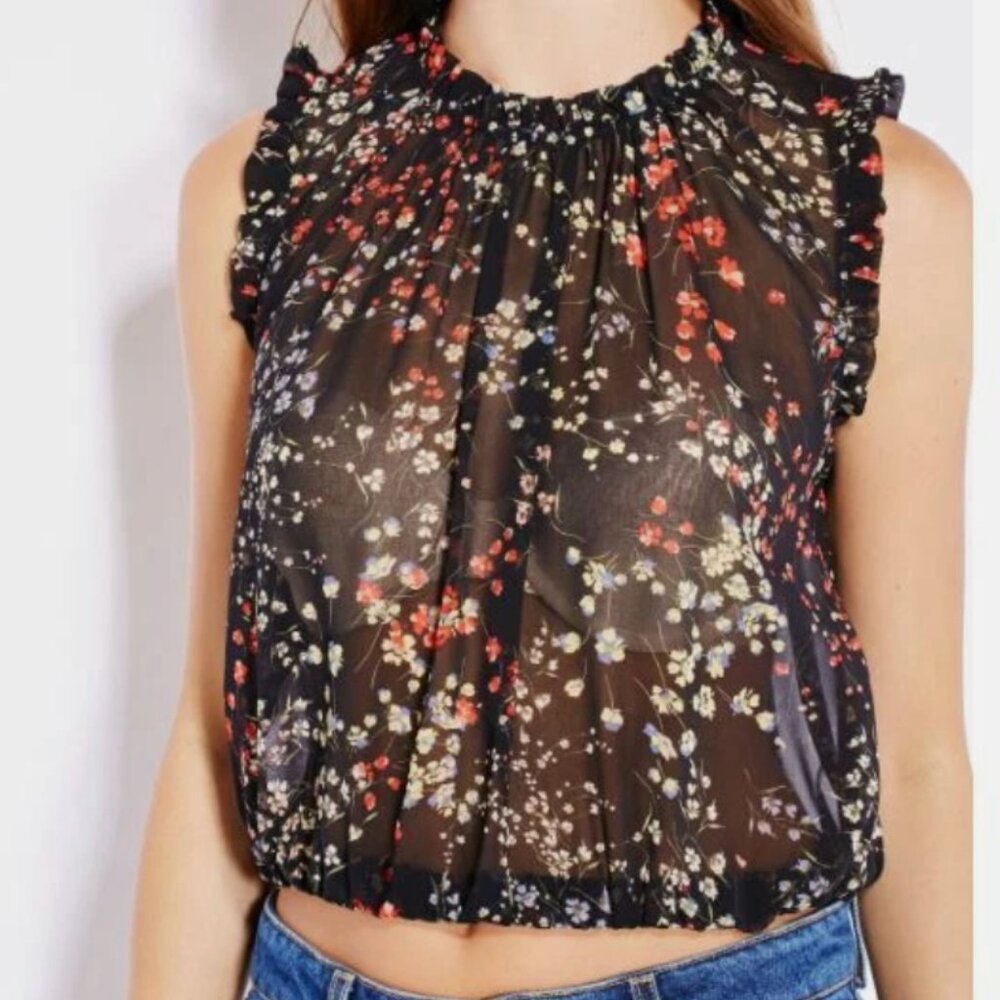 Mango Sheer Floral Cropped Top in Black - Small